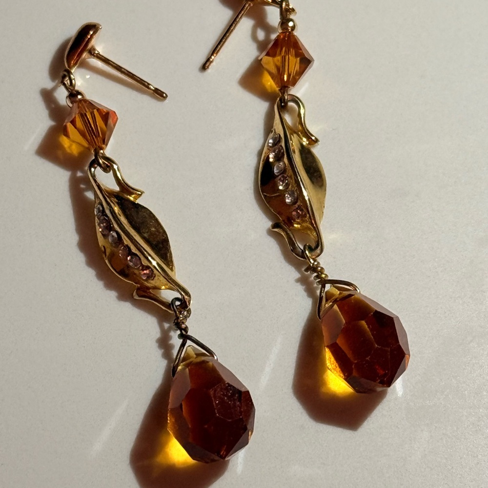 Amber and Gold Leaf Drop Earrings
